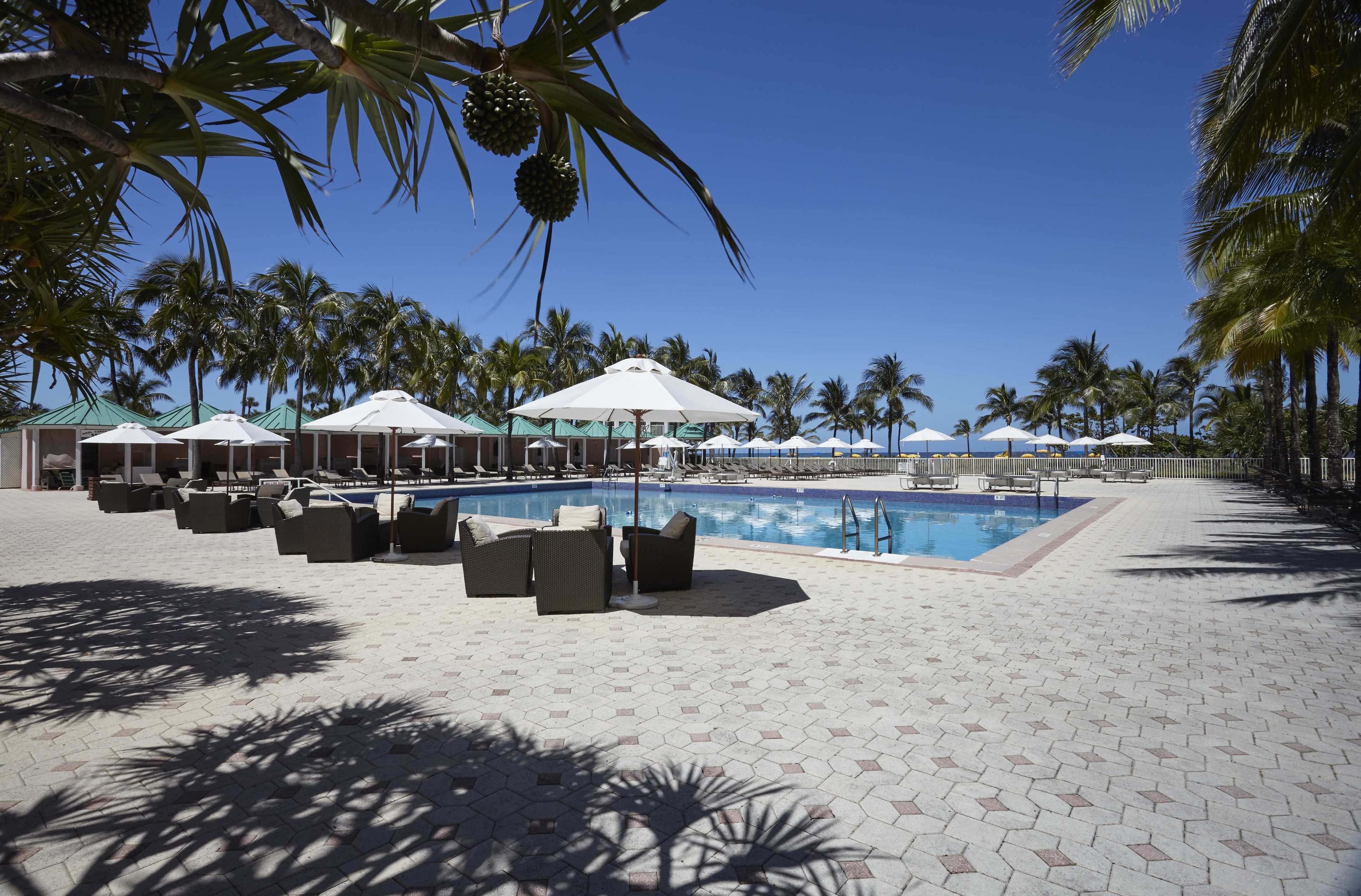 A poolside area with lounge chairs and umbrellas, surrounded by palm trees.