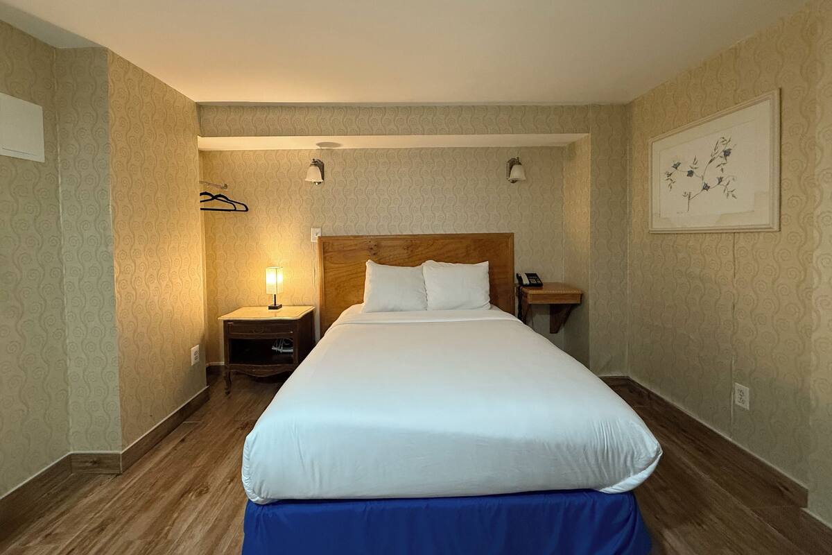 A hotel room with a large bed, a bedside table with a lamp, a wooden headboard, and a framed picture on the wall.