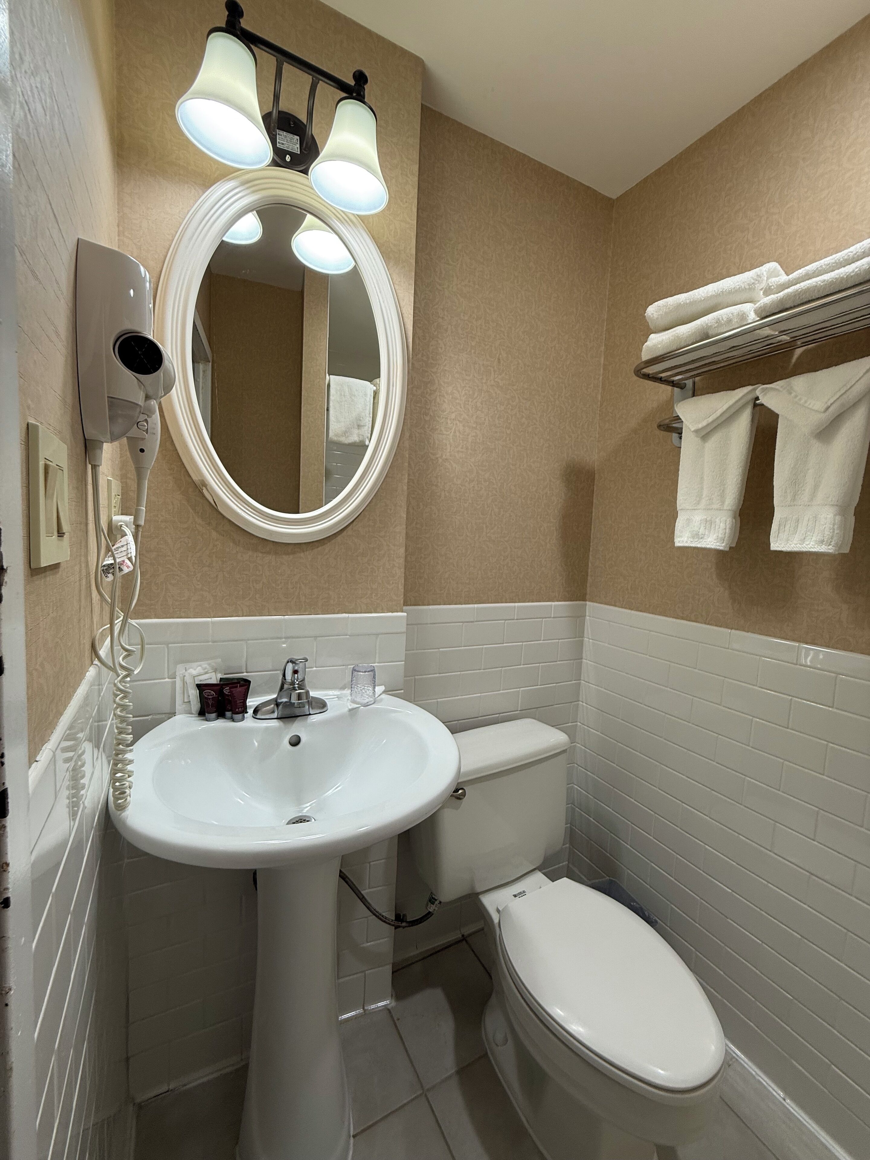 Une salle de bain avec un lavabo blanc, des toilettes, un miroir et un porte-serviettes.