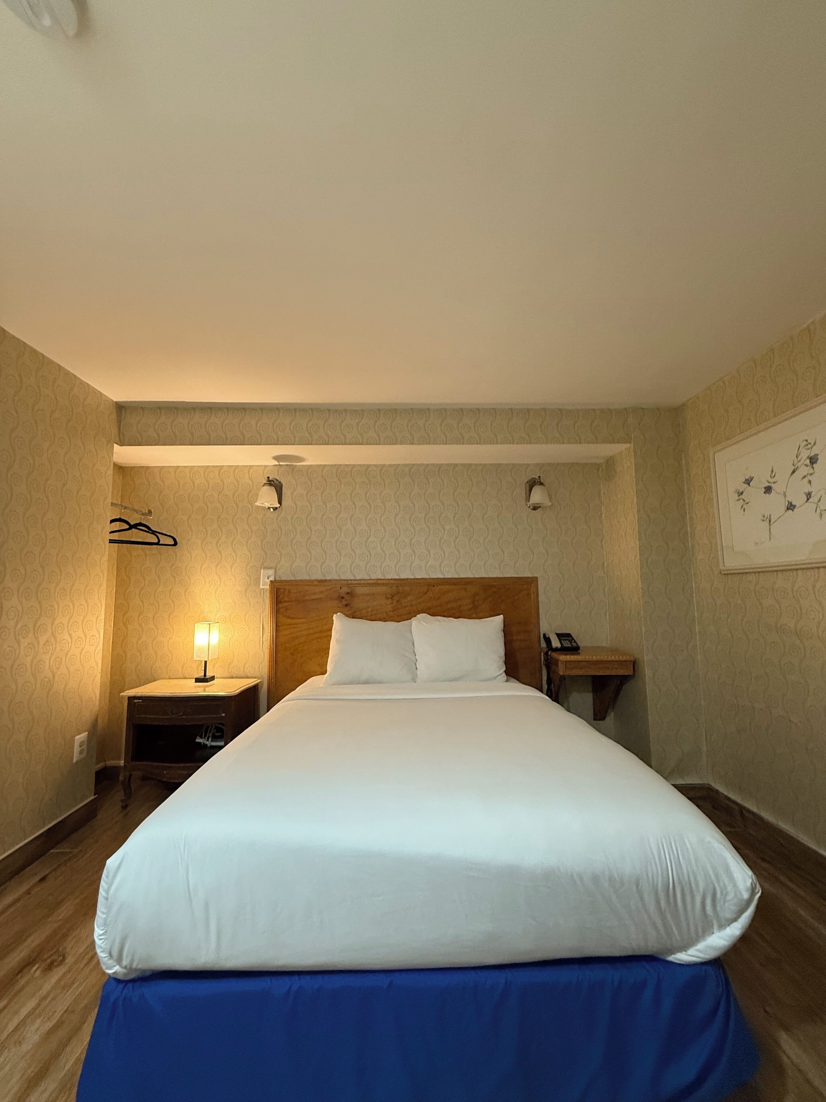 Een hotelkamer met een groot bed, een nachtkastje met een lamp, een nachtkast en een telefoon aan de muur.