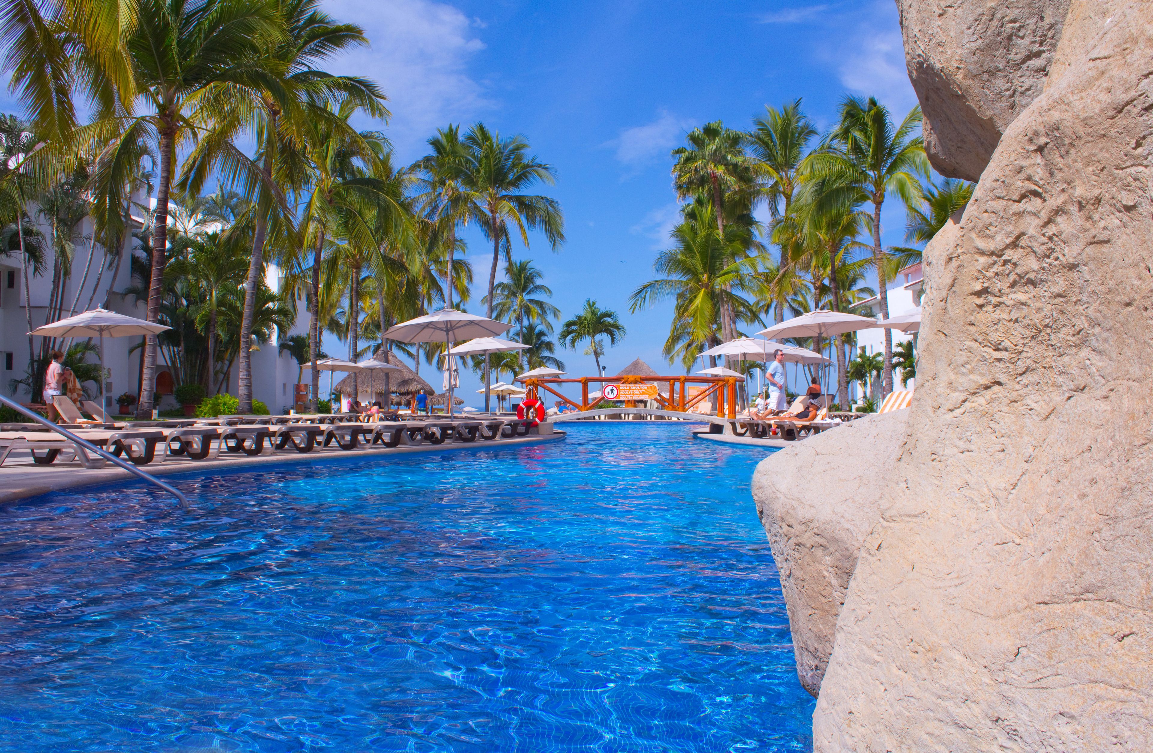 A swimming pool with lounge chairs and umbrellas, surrounded by palm trees and a rocky cliff.