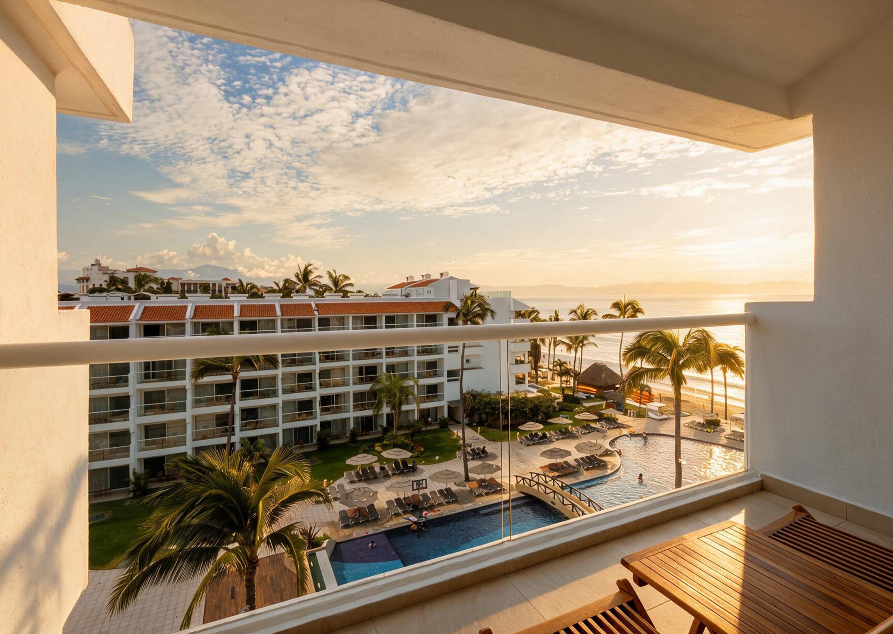A hotel balcony with a view of a pool, lounge chairs, and a beach.