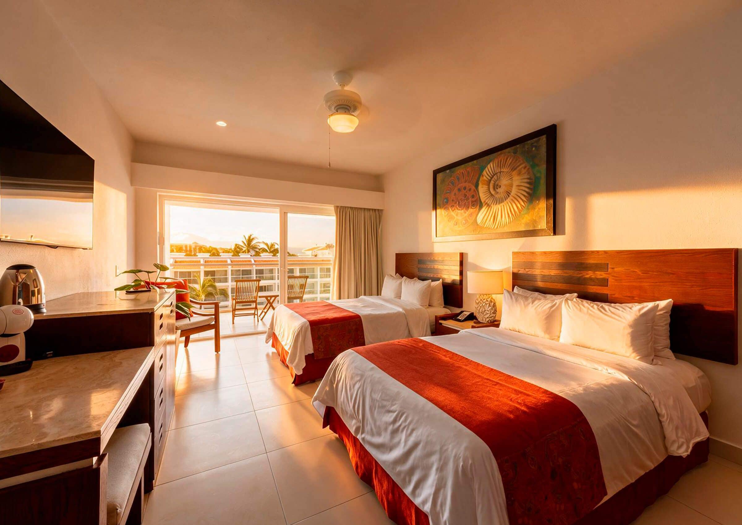A hotel room with two beds, a desk, a chair, a coffee maker, and a painting on the wall.
