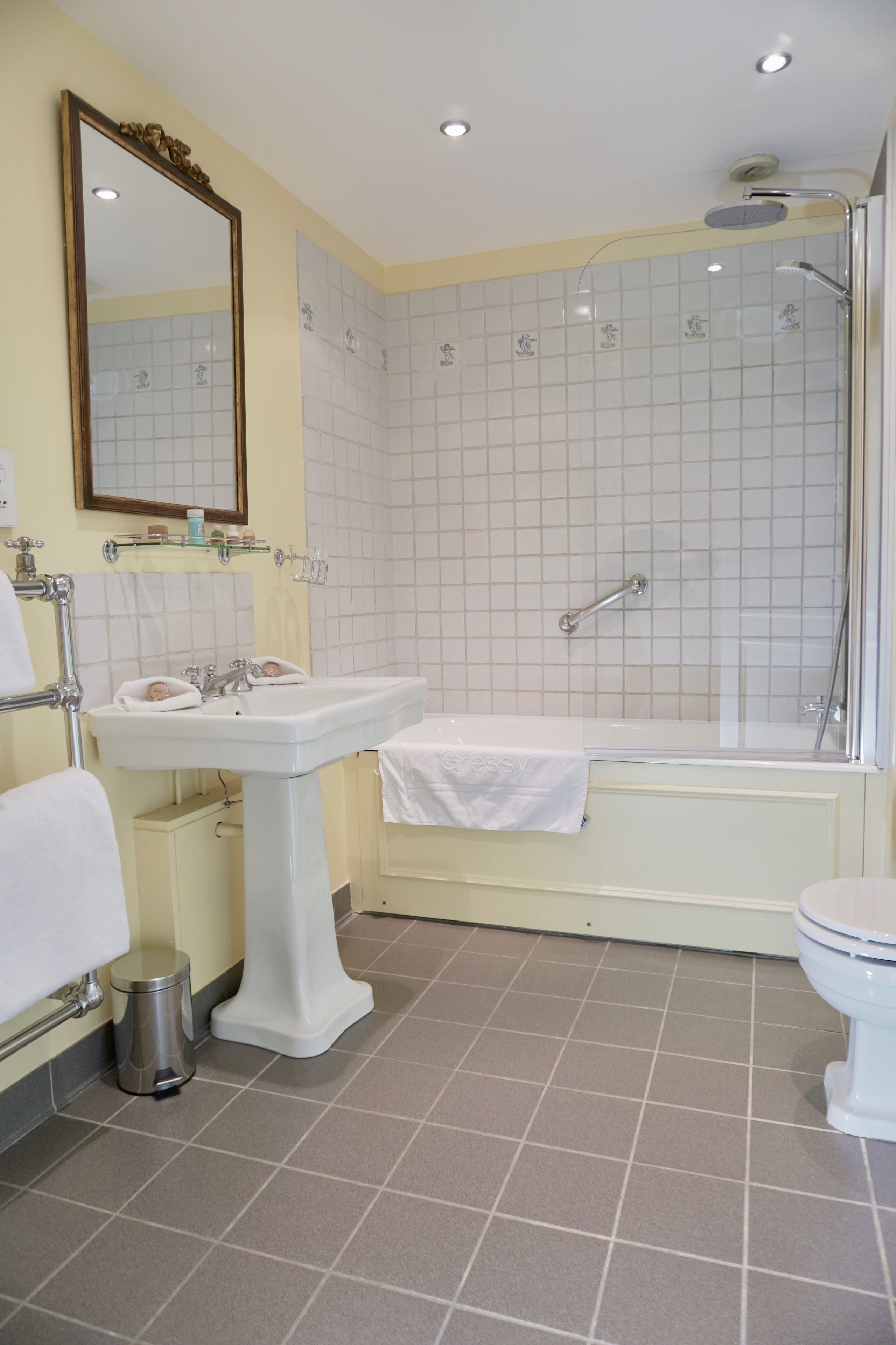combined shower/bathtub, free toiletries, hair dryer, towels