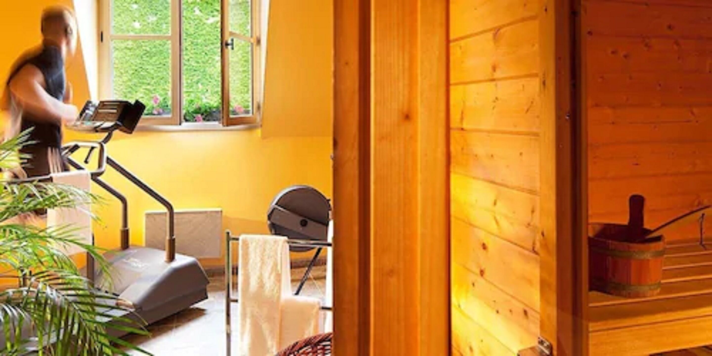 A room with a treadmill, a window with a view of greenery, a chair, and a wooden wall.