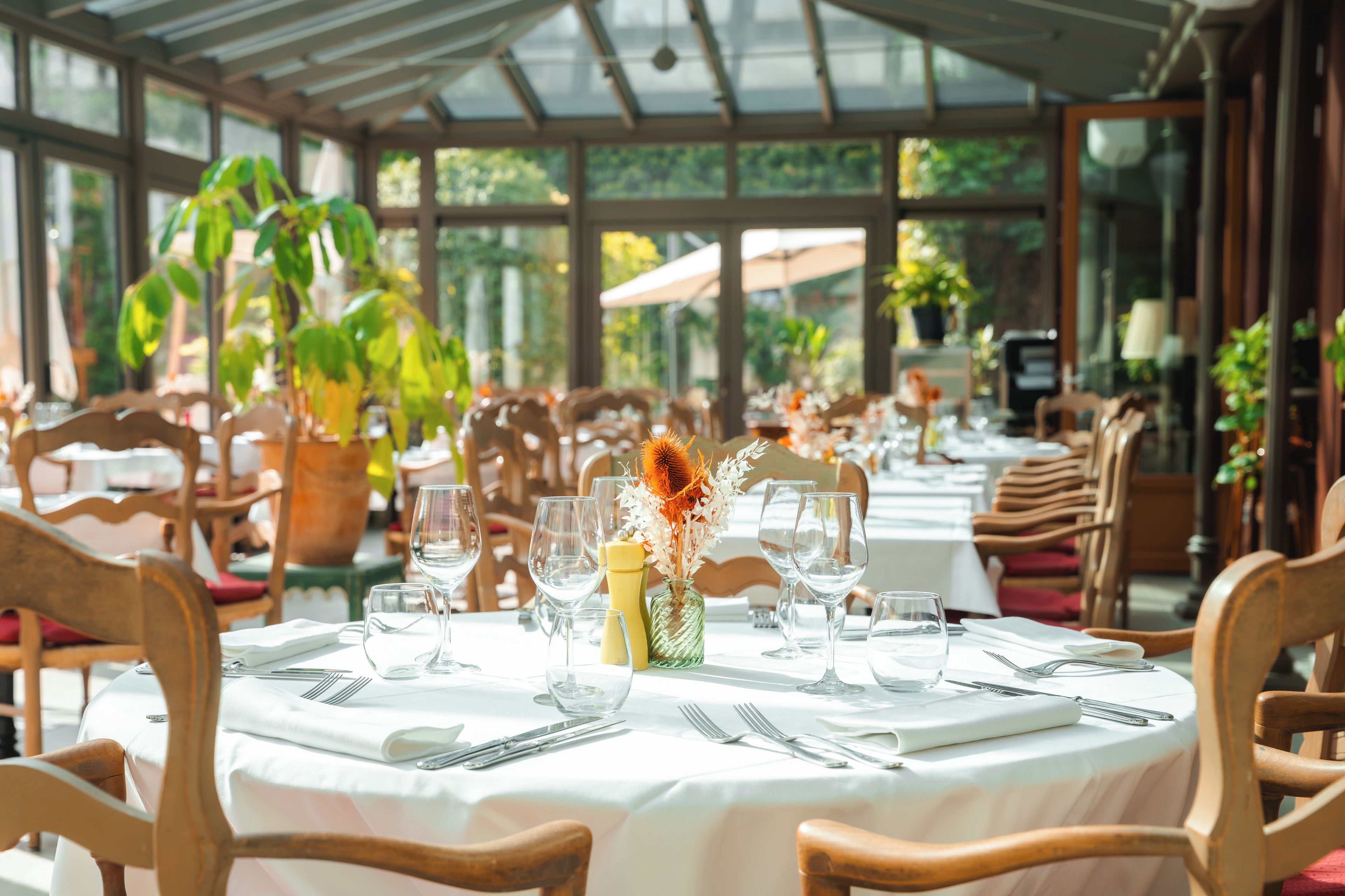 A restaurant with round tables, chairs, and a glass ceiling.