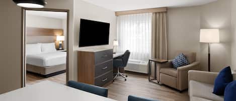 In-room safe, desk, laptop workspace, blackout curtains