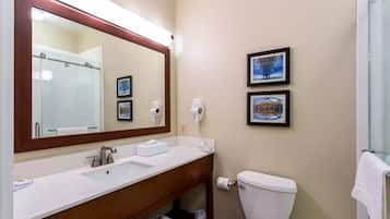 A bathroom with a white sink, a large mirror, a toilet, and two framed pictures on the wall.