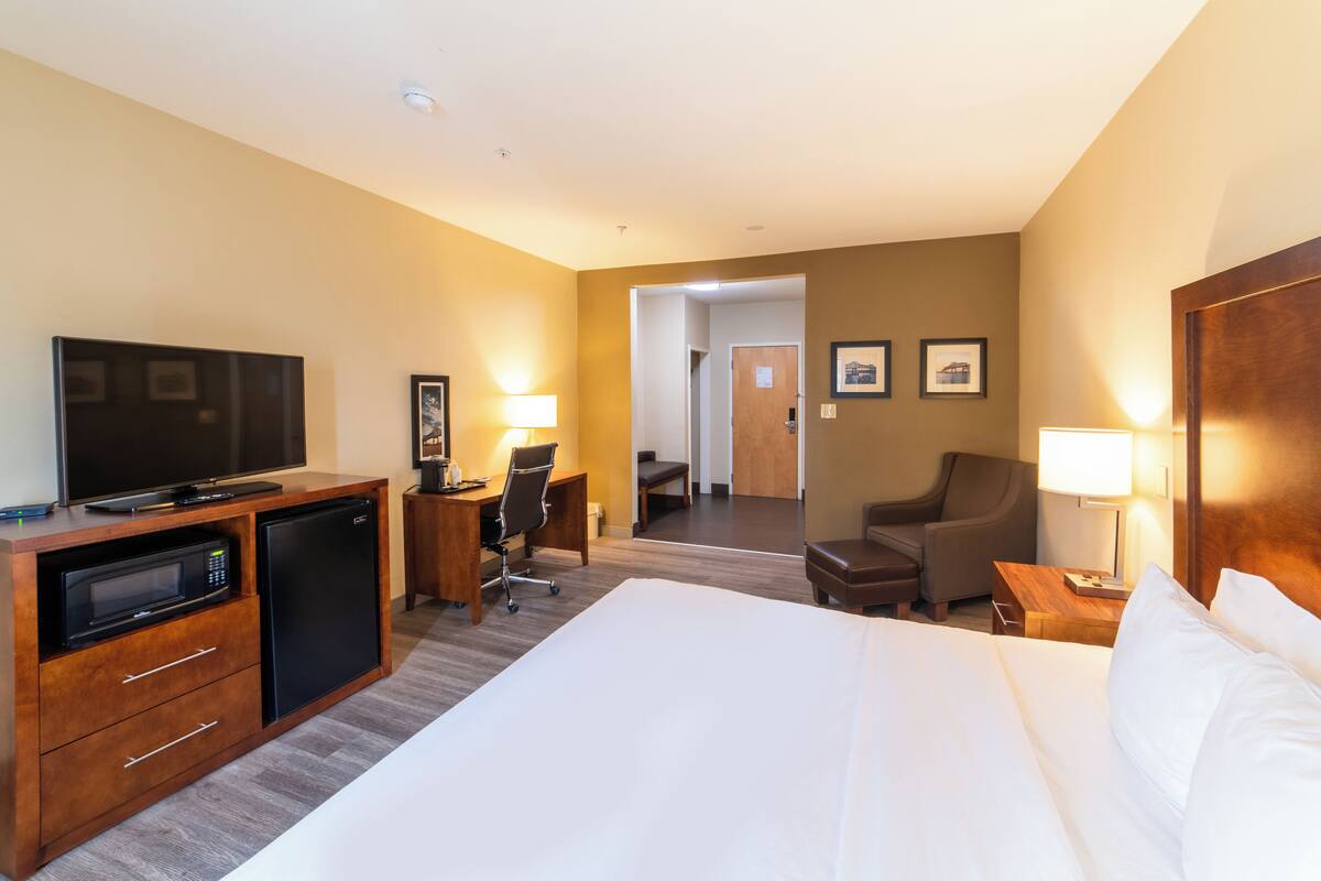 Habitación de hotel con cama, escritorio, computadora, microondas, refrigerador, televisor y una silla.