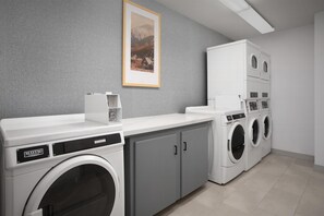 Un lavadero con lavadora industrial Maytag, gabinetes grises y un cuadro con un paisaje en la pared.