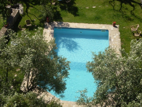 Seasonal outdoor pool, pool loungers