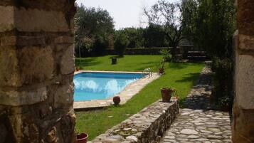 Seasonal outdoor pool, sun loungers
