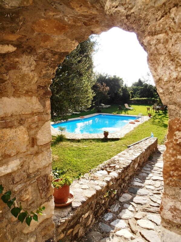 Seasonal outdoor pool, pool loungers