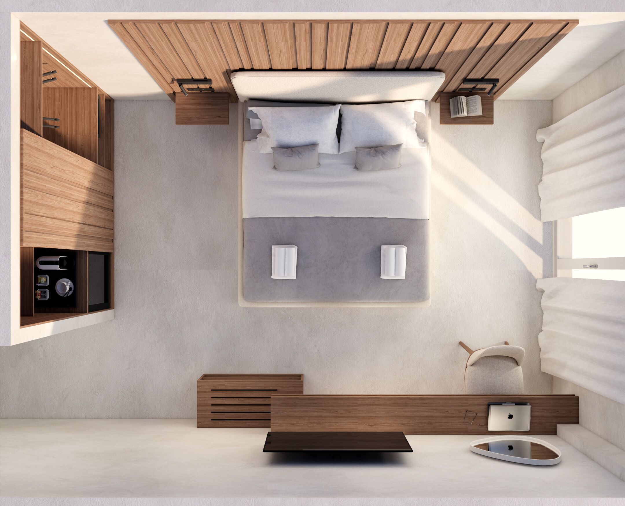 A modern bedroom with a bed, bedside tables, a built-in wardrobe, and a bedside lamp.