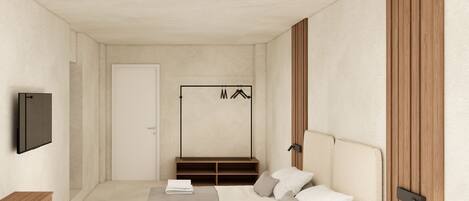 A modern bedroom with a bed, bedside tables, a TV, and a wardrobe.