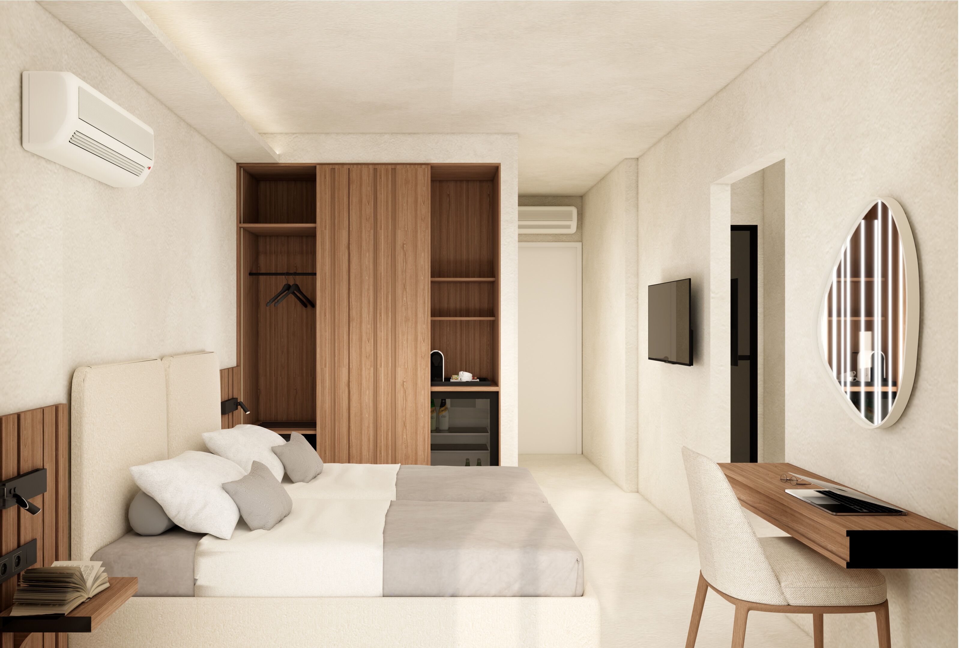 Un dormitorio moderno con cama, mesita de noche, televisor y escritorio con silla.
