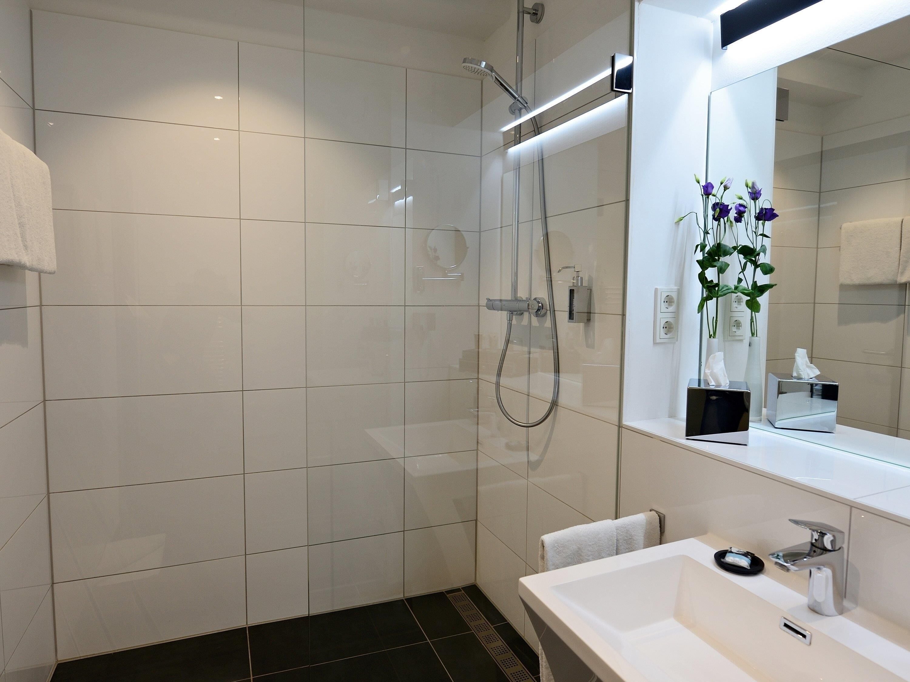 Regadera tipo lluvia y amenidades de baño de diseñador 