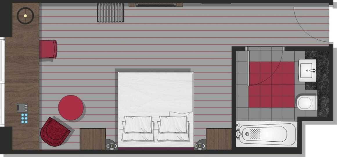 Indeling van een hotelkamer met een bed, een rode zithoek, een klein tafeltje, een kledingkast, en een badkamer met douche, toilet en wastafel.