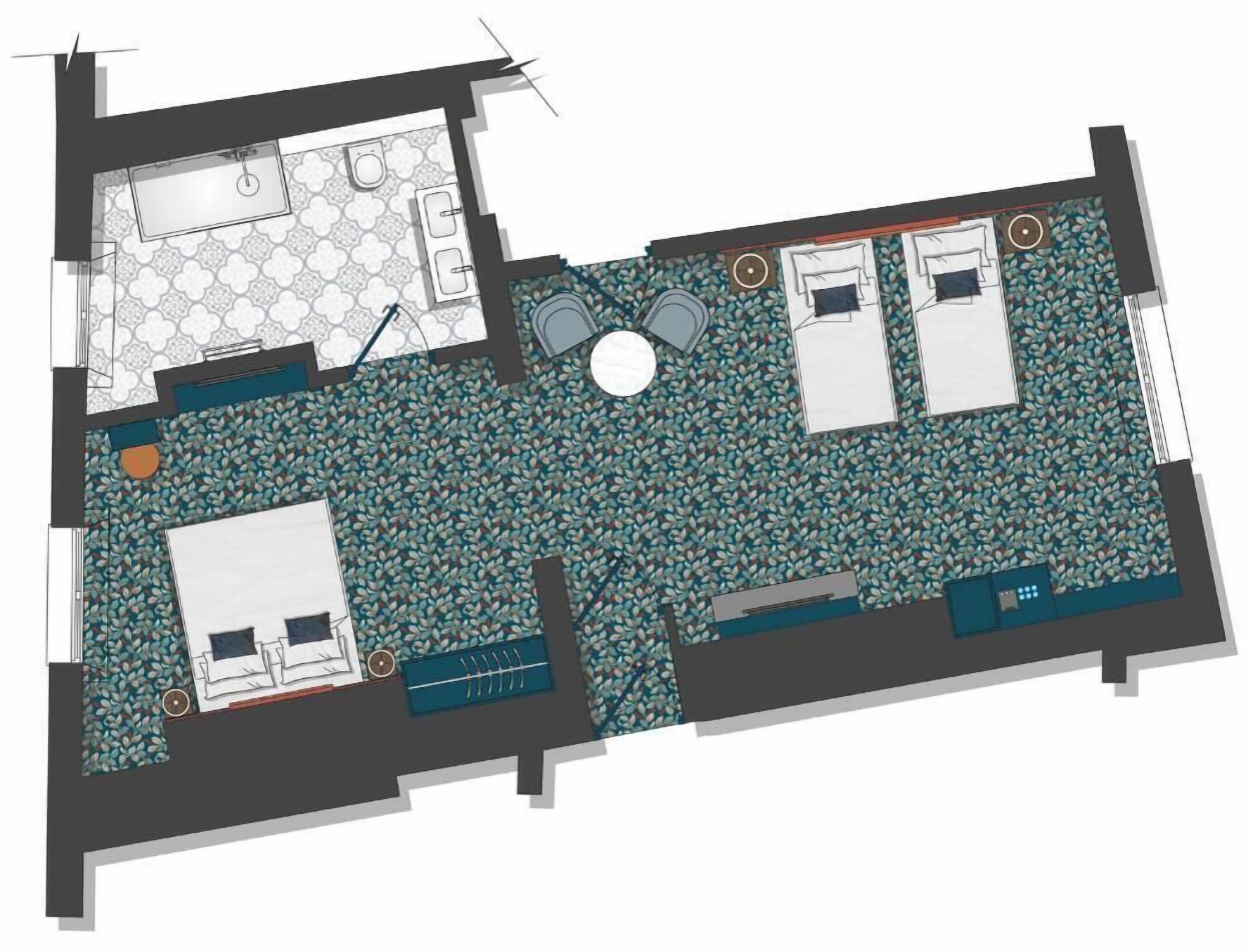 A hotel room layout with a bathroom, a dining area, and a small seating space.