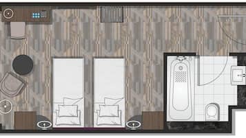 Distribución de una habitación de hotel con dos camas, una zona de estar, un baño con bañera y ducha, y una mesita.