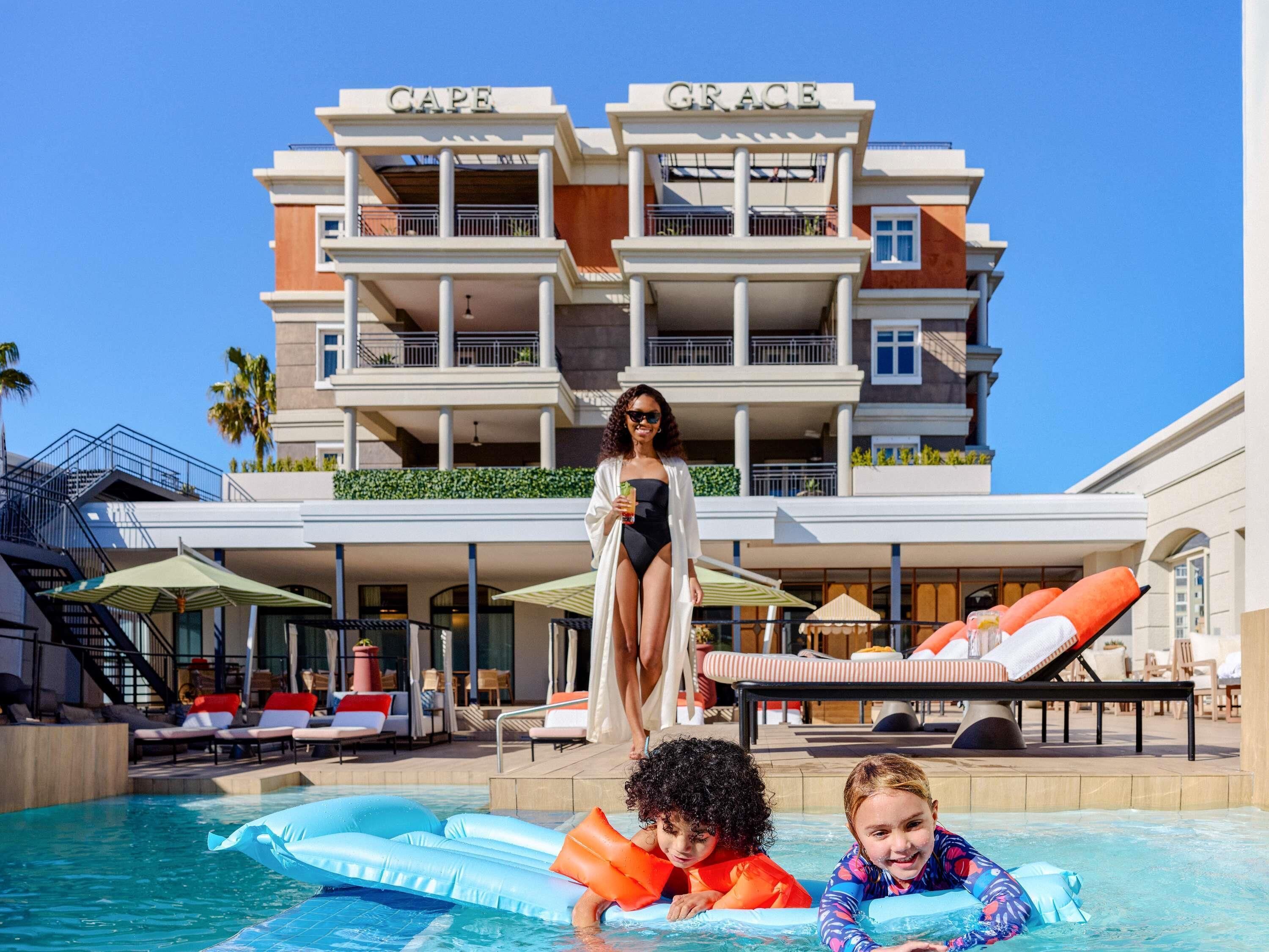 Outdoor pool, pool umbrellas, pool loungers