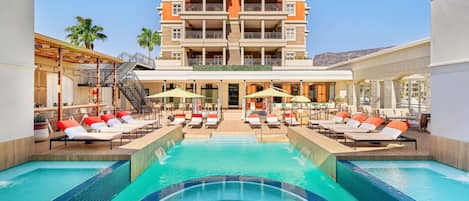 Outdoor pool, pool umbrellas, pool loungers