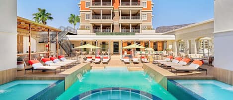 Outdoor pool, pool umbrellas, pool loungers