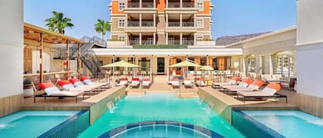 Outdoor pool, pool umbrellas, sun loungers