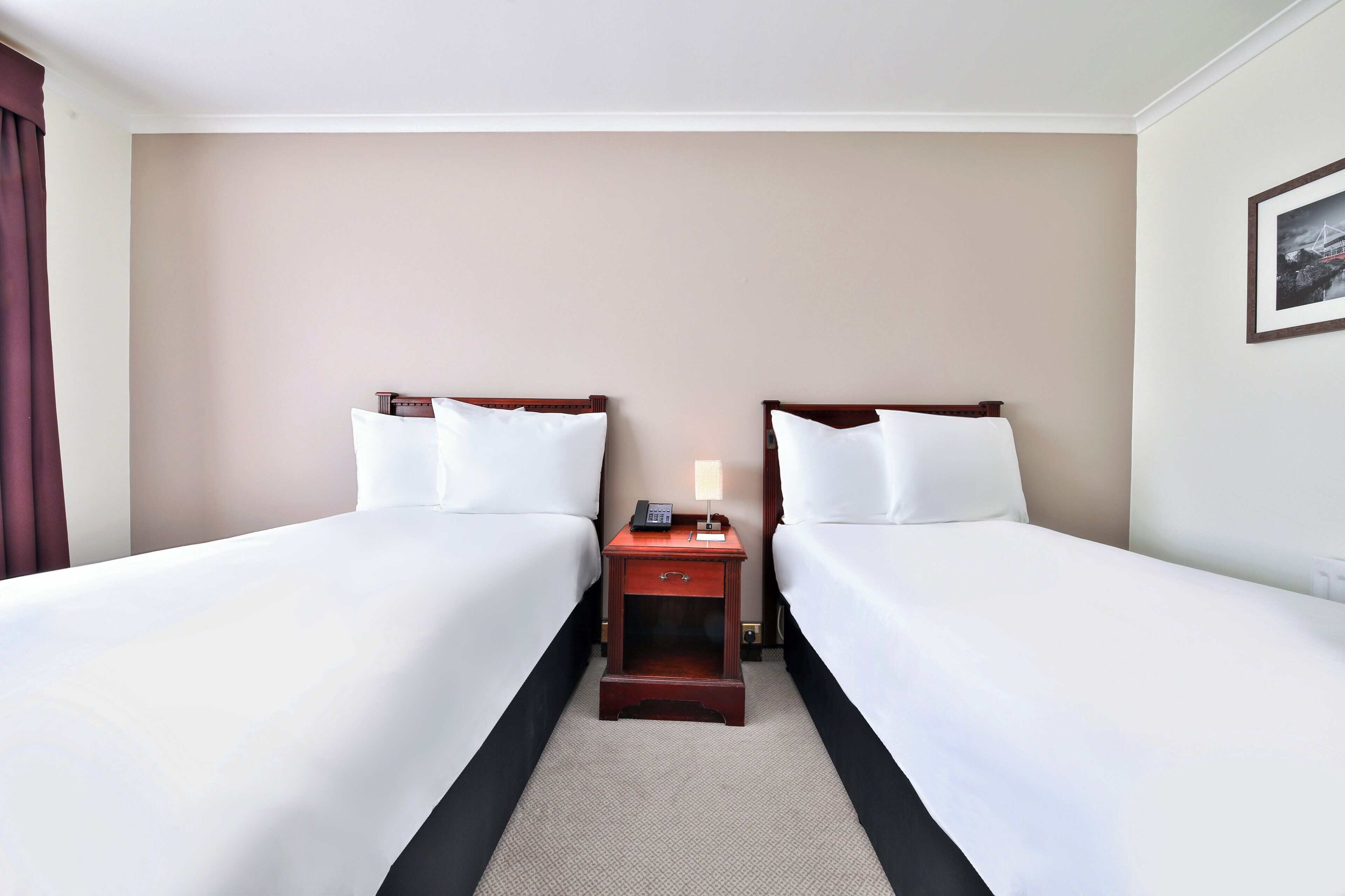 Habitación de hotel con dos camas individuales, una mesita de noche con lámpara y un cuadro en la pared.
