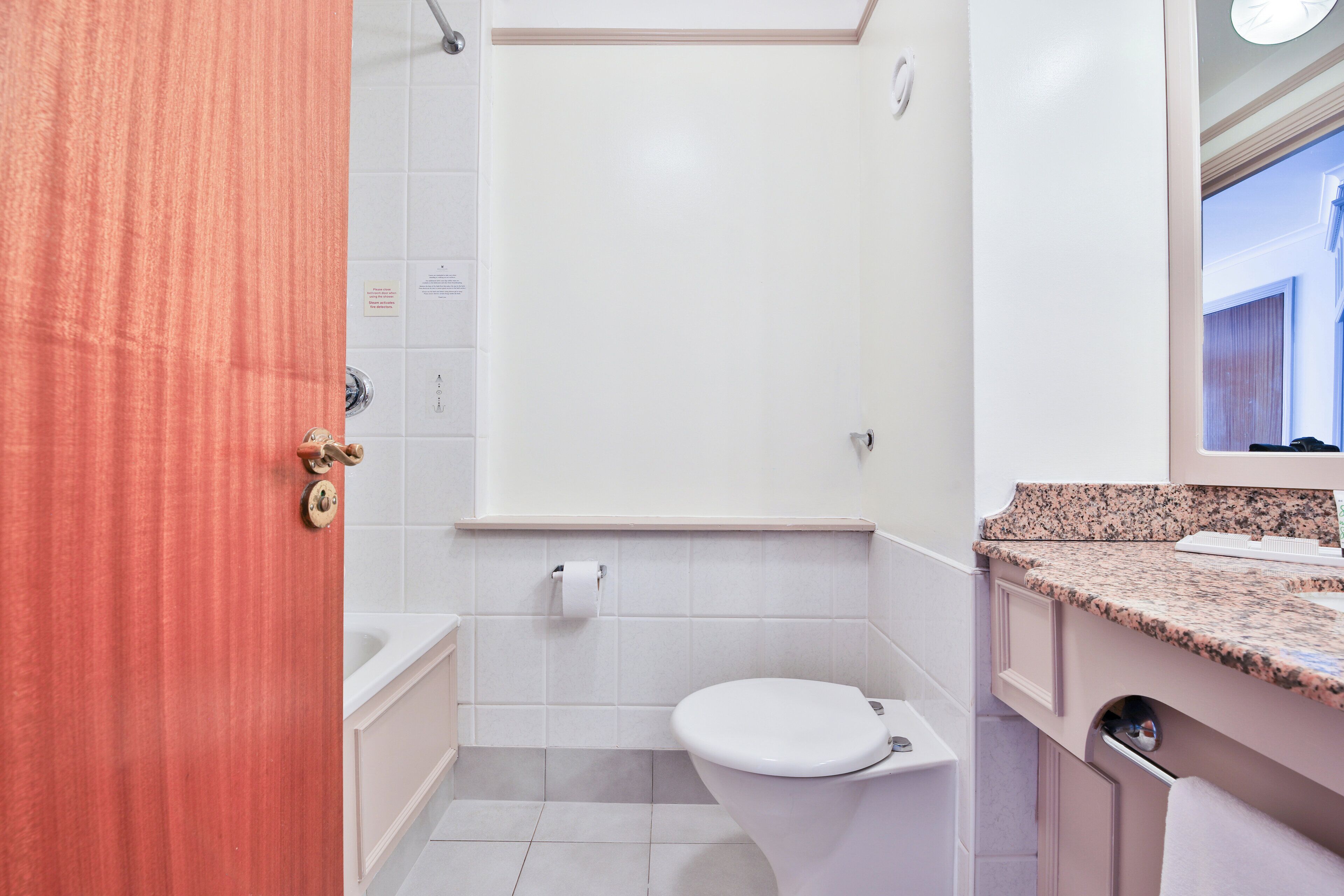 Et badeværelse med et hvidt toilet, en vask med bordplade i granit og et spejl over vasken.