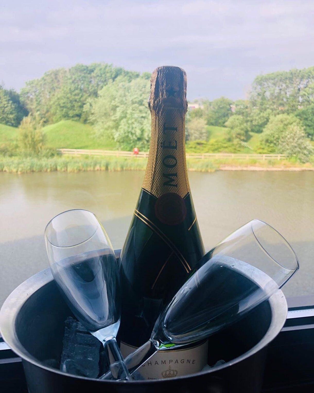 A bottle of champagne in a bucket with two glasses, set against a scenic view of a lake and greenery.