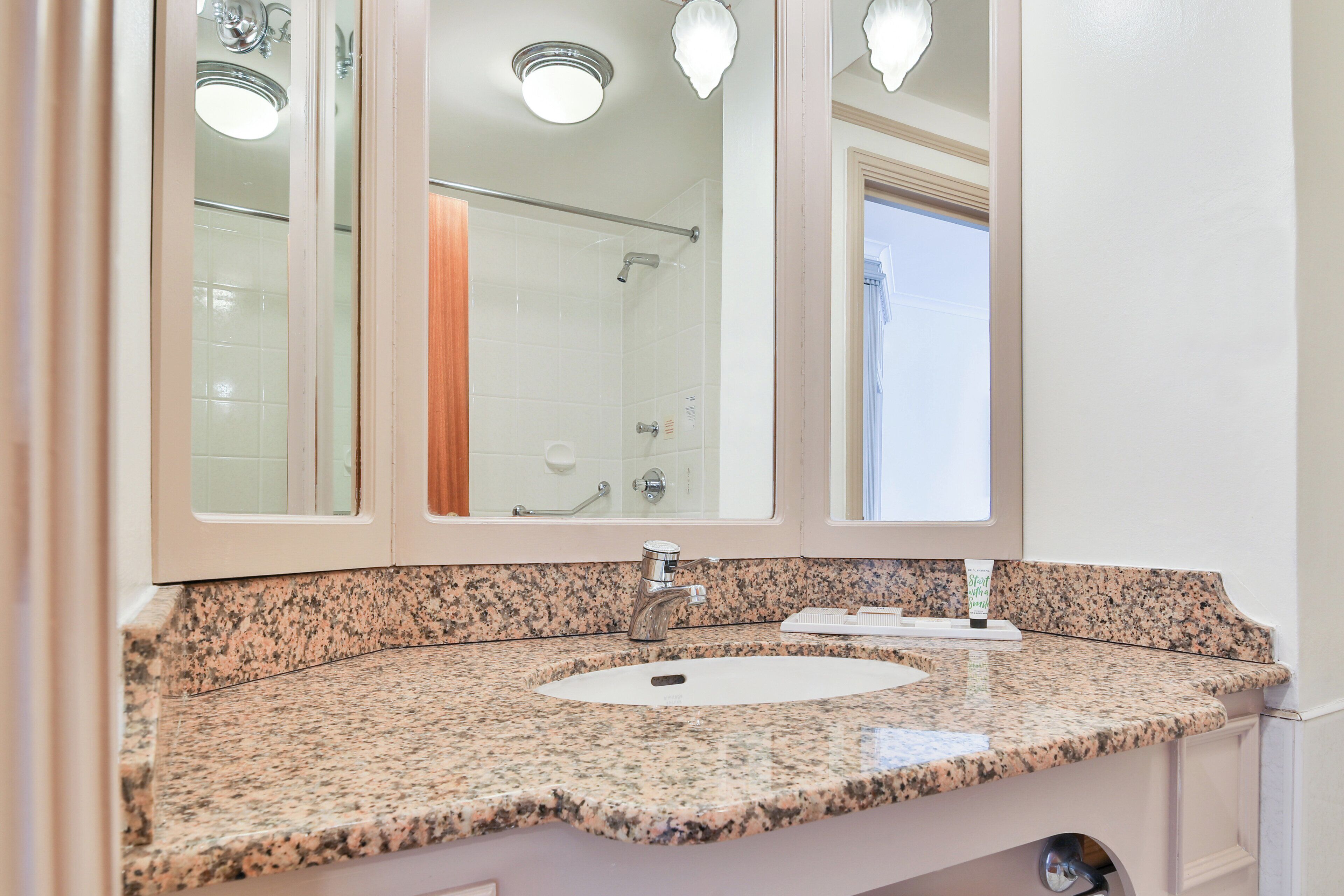 A bathroom with a granite countertop, a sink, a mirror, and a shower visible through the glass door.
