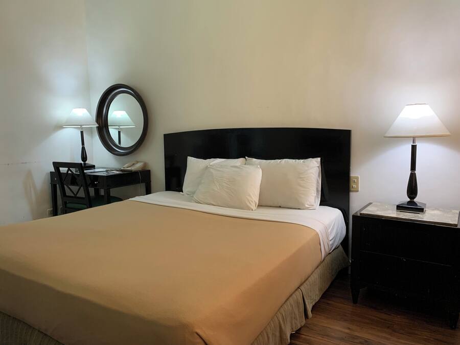 Habitación de hotel con cama, dos mesitas de noche, un escritorio, una silla, un espejo y una lámpara.