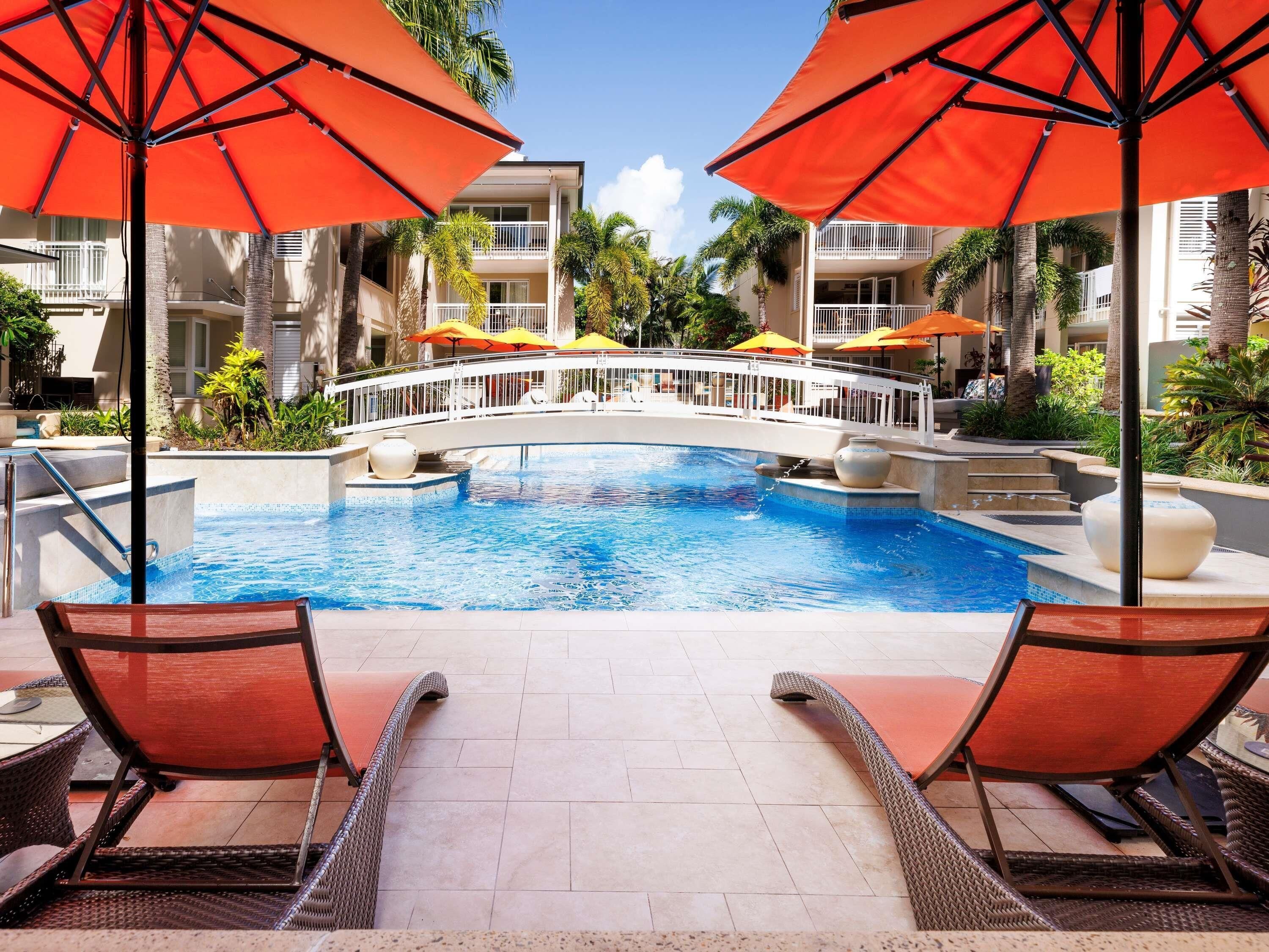 Outdoor pool, pool umbrellas, pool loungers