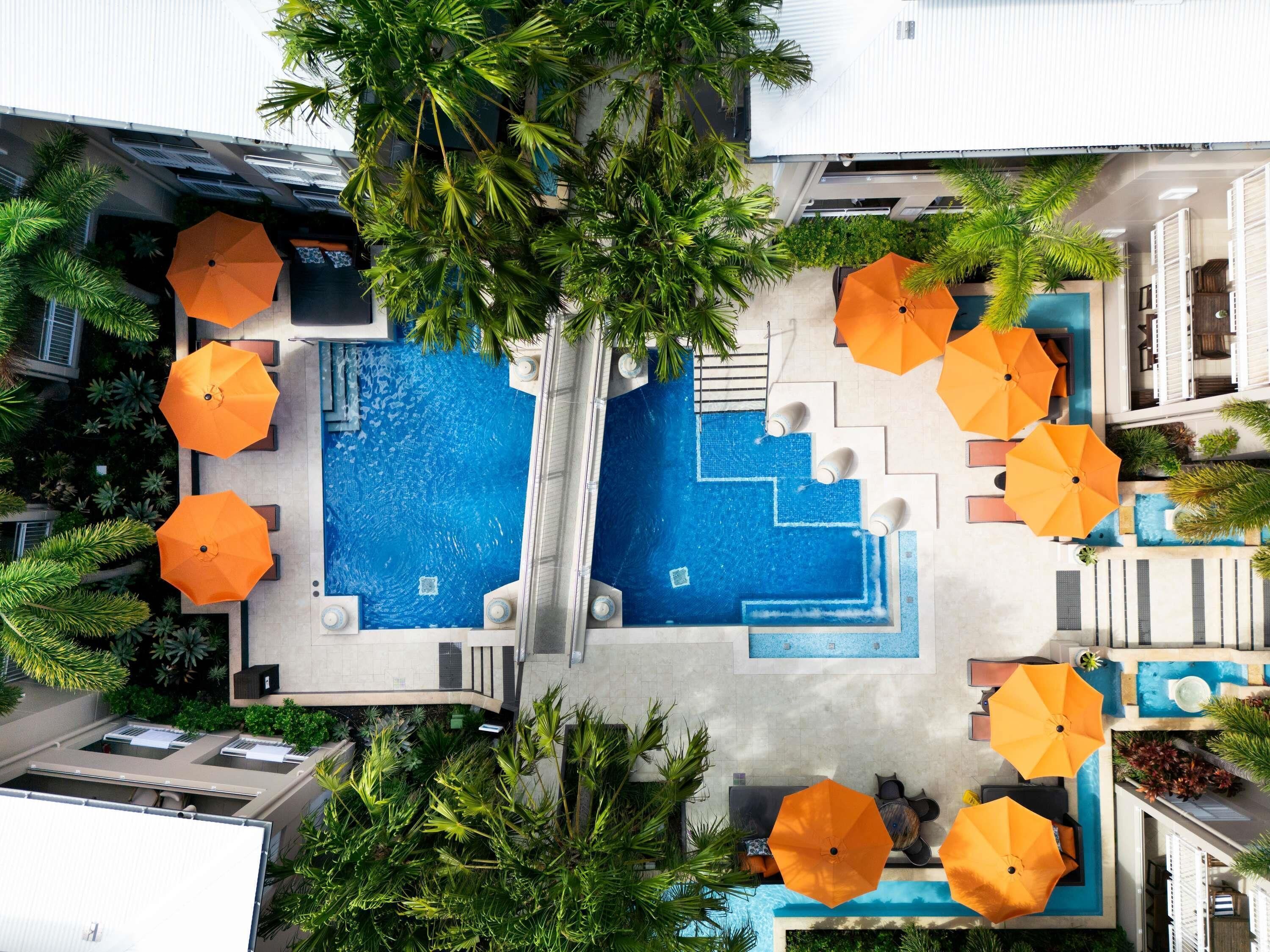 Outdoor pool, pool umbrellas, pool loungers