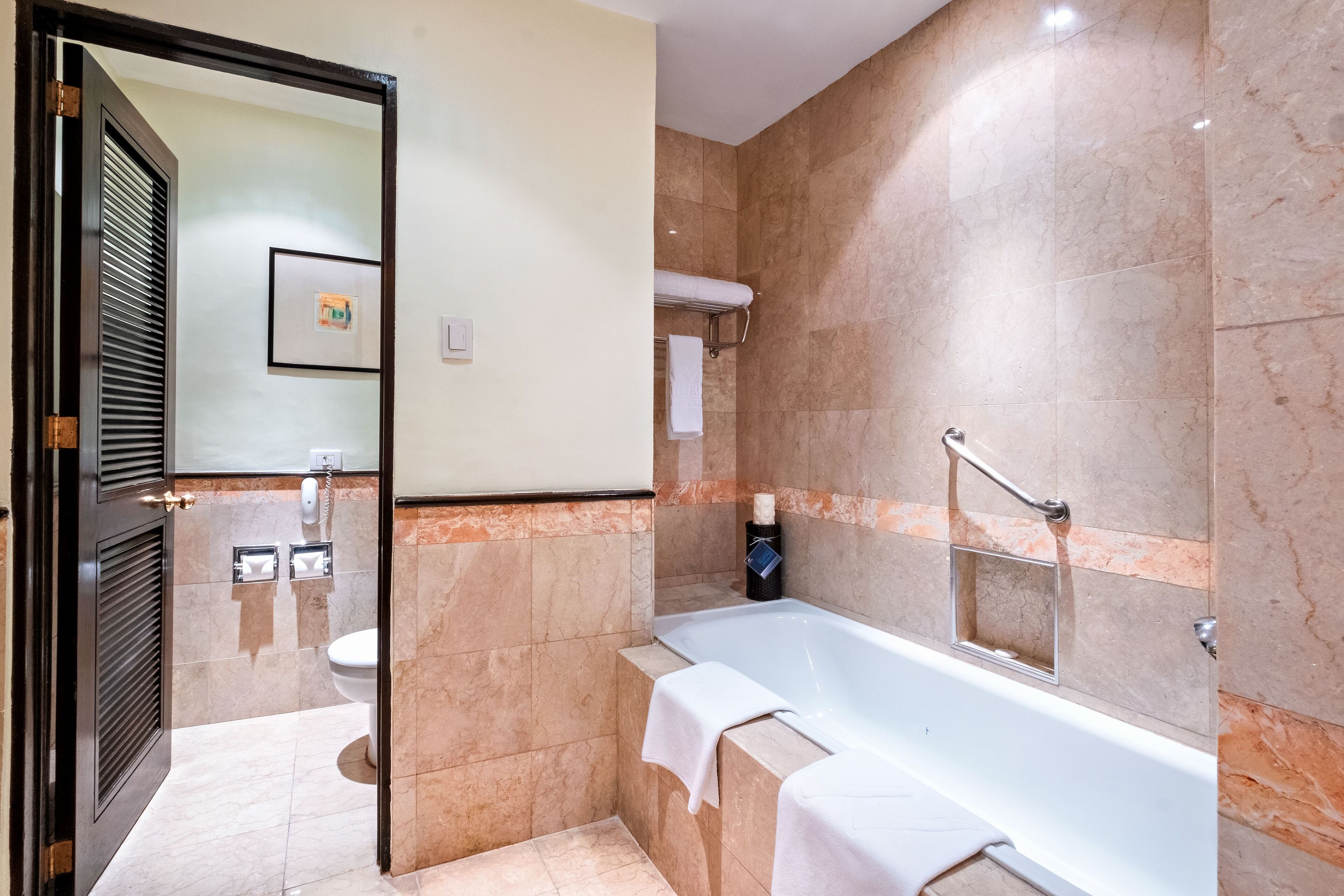 A modern bathroom with a bathtub, a toilet, and a shower area.