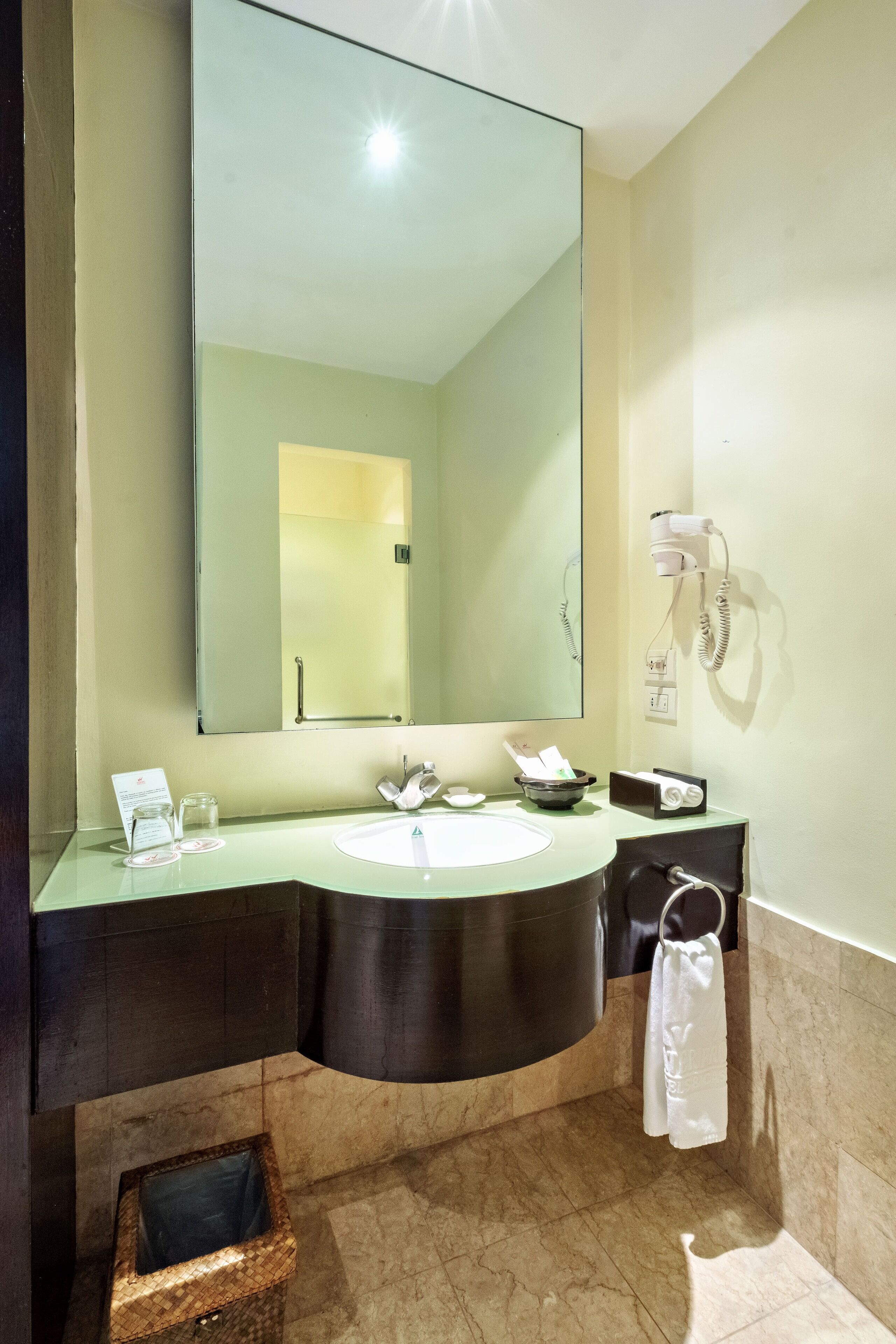 A bathroom with a large mirror, a sink, a hairdryer, and a towel rack.