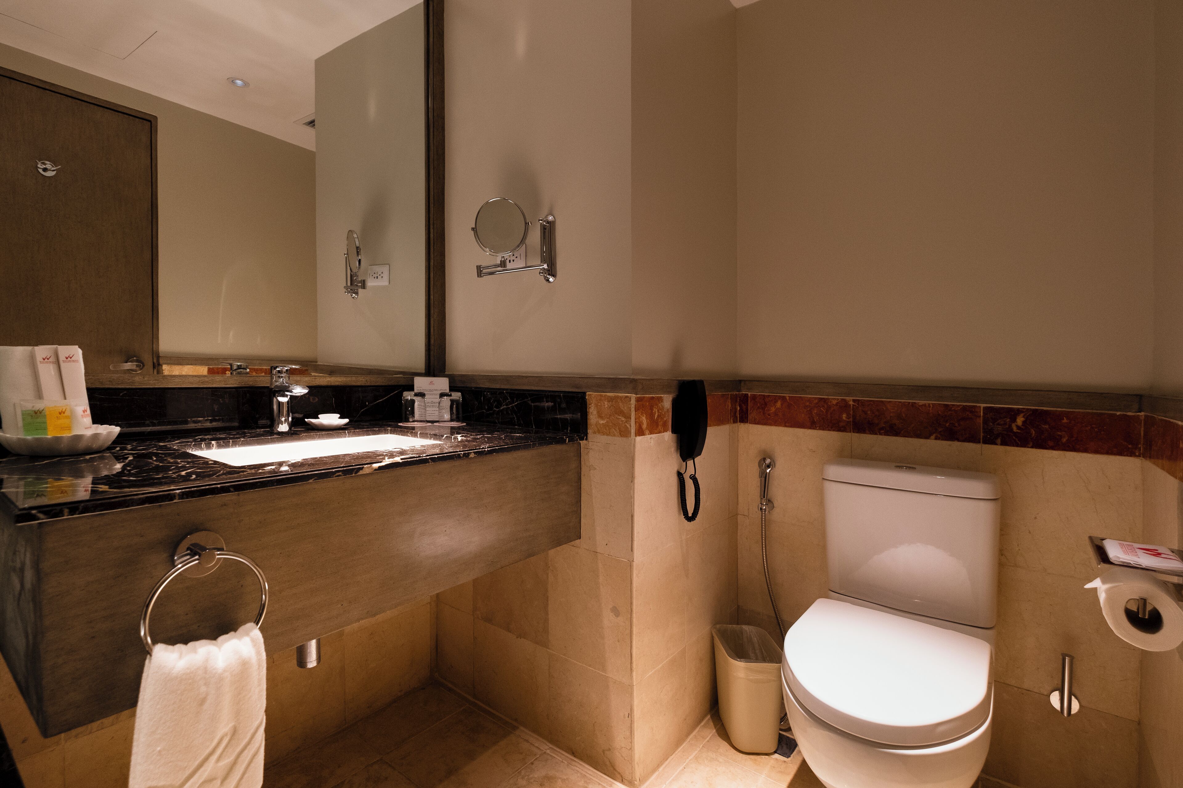 A modern bathroom with a marble sink, a toilet, and a trash can.