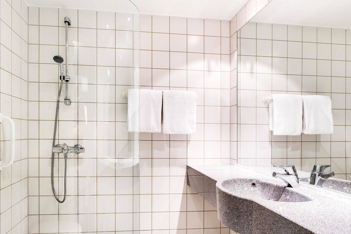 shower, free toiletries, hair dryer, towels