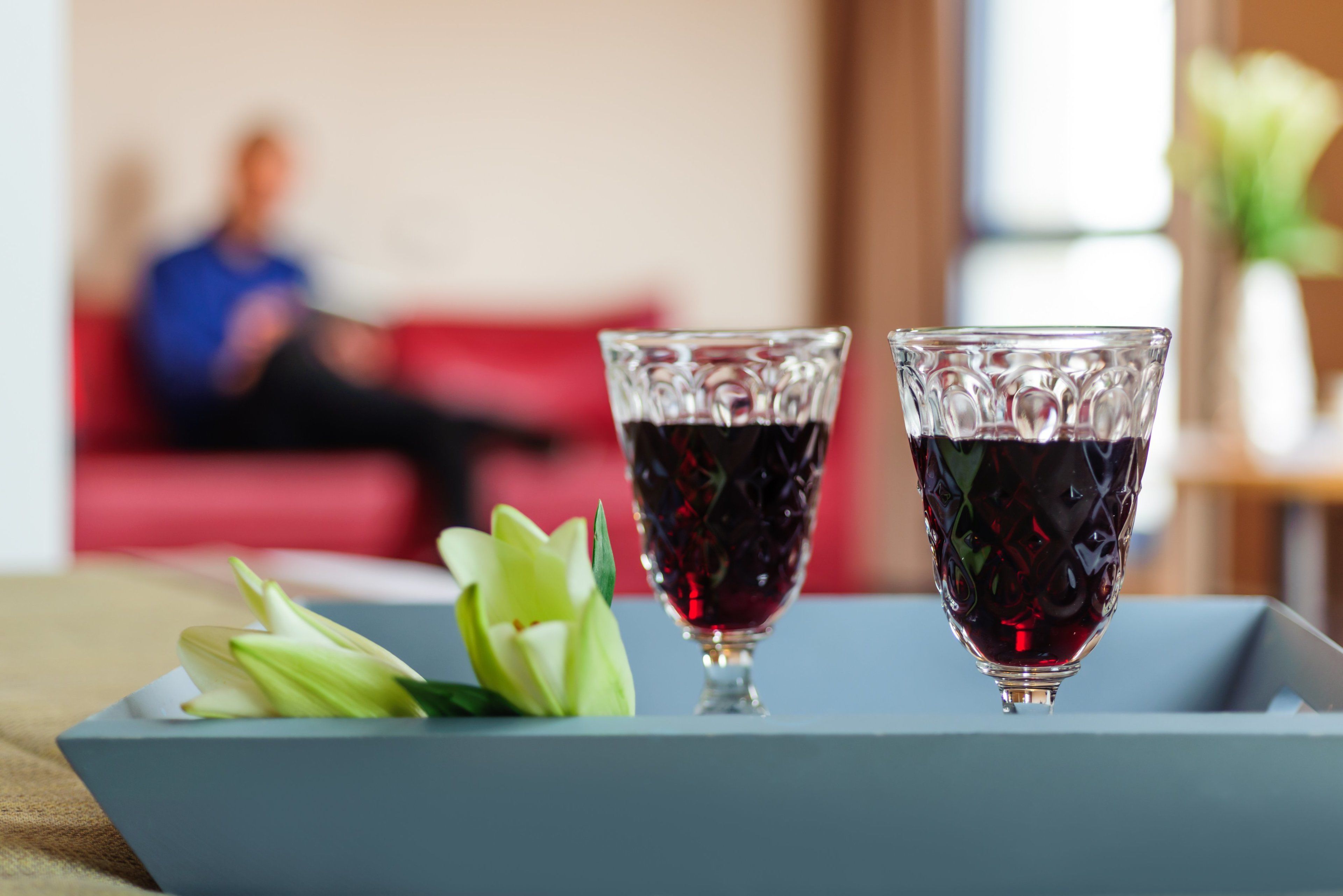 Two glasses of red beverage on a tray with a green leafy garnish.