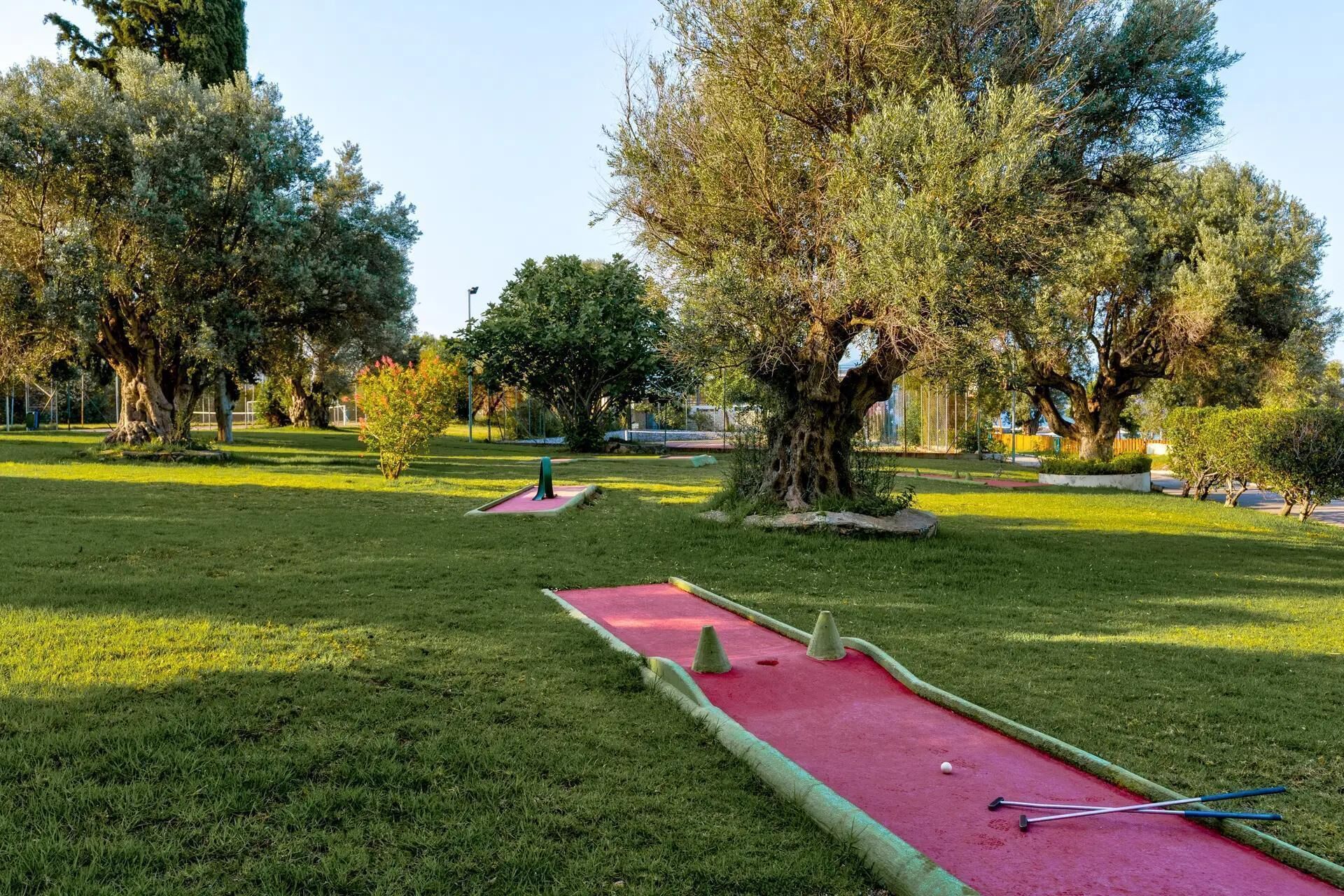 A croquet field with a red mat, green cones, and a croquet ball.