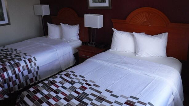 A hotel room with two beds, each with white bedding and a checkered blanket. There is a nightstand with a lamp between the beds. - Red Roof Inn Morton Grove (Morton Grove)