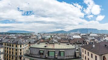 A panoramic view of a cityscape with historic buildings, a prominent flag, and mountains in the background.