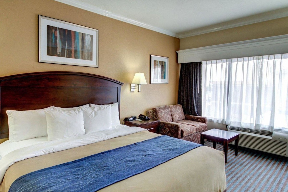 A hotel room with a large bed, a sofa, a small table, and a window with curtains.