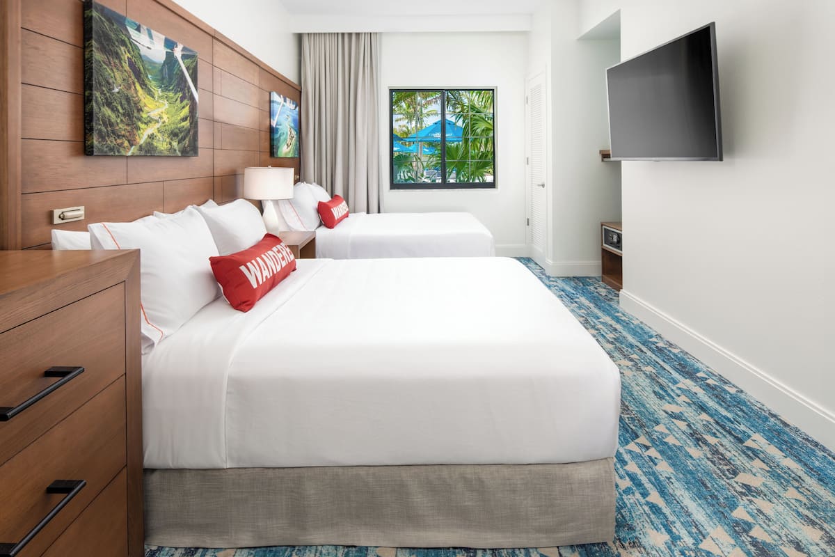 desk, blackout curtains, iron/ironing board, bed sheets