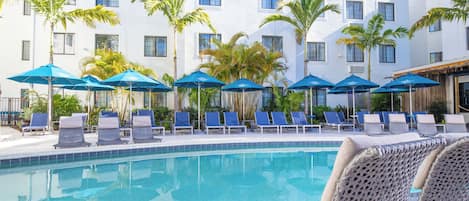 A pool area with lounge chairs and umbrellas, surrounded by palm trees and a building with multiple windows.