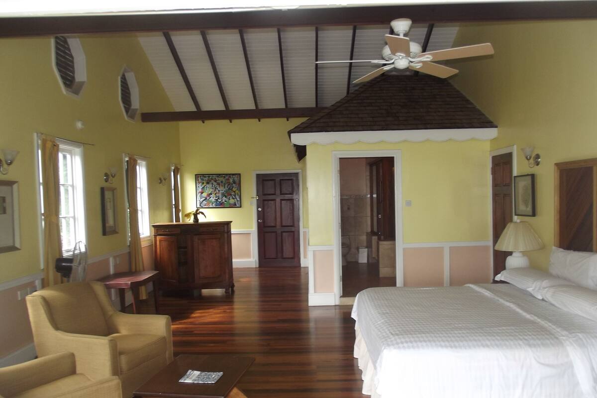 Habitación de hotel con cama, escritorio, silla, ventilador de techo y puerta que da a un baño.