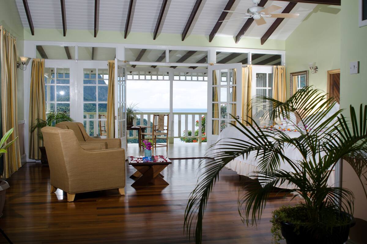 Una habitación amplia con suelo de madera, un sofá color beige, una mesa de centro de madera y una planta grande en maceta.
