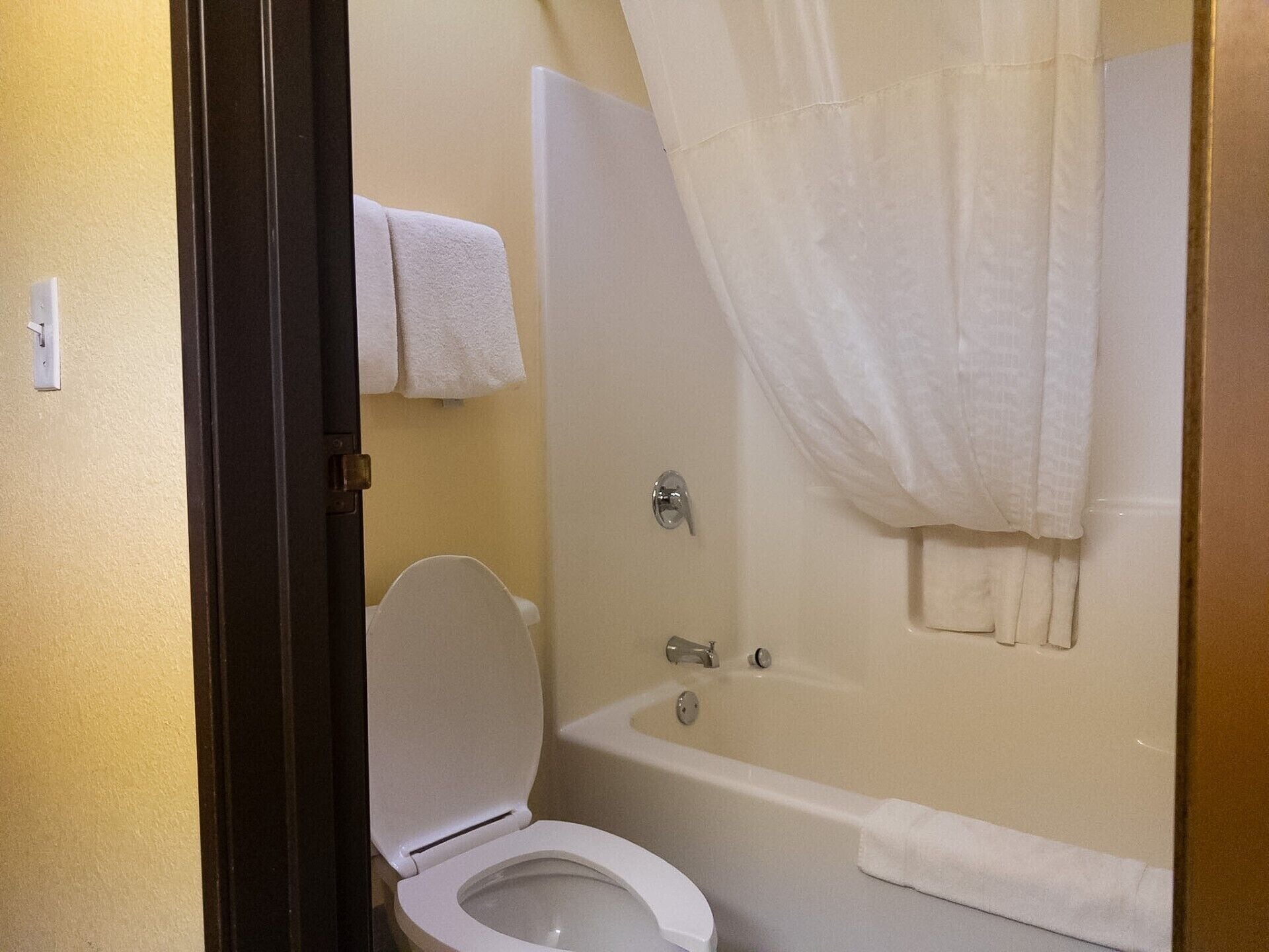 A bathroom with a toilet, a bathtub, and a shower curtain.