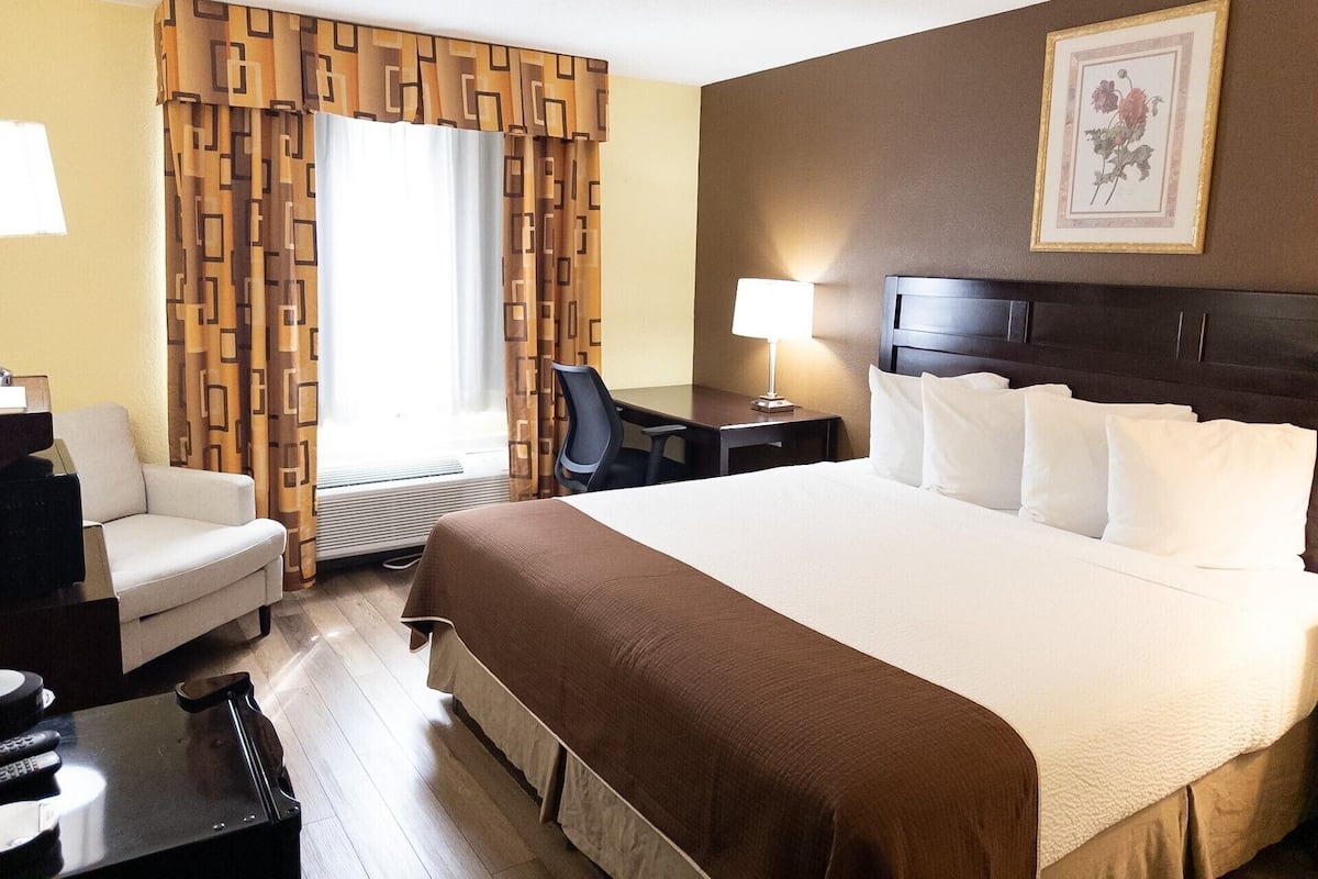 A hotel room with a bed, a desk, a chair, a TV, and a window with curtains.
